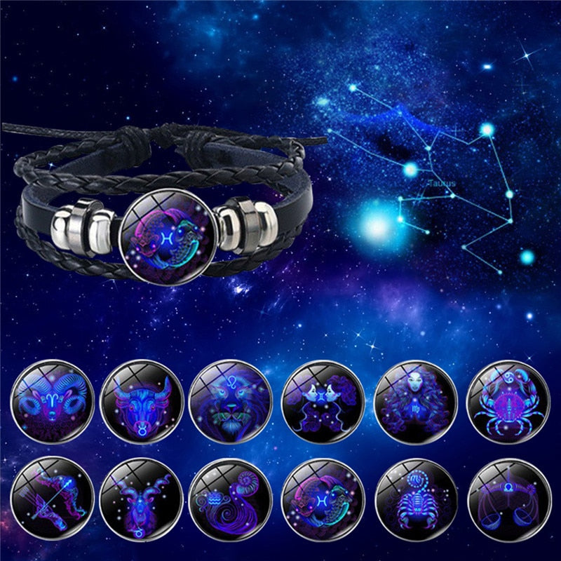 Adjustable Leather Zodiac Bracelet with Blue Stone Charm for Men & Women | Classic Wrist Cuff with Astrology Symbol | Handcrafted Steel &