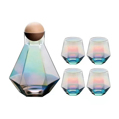 Crystal-Clear Beverage Pitcher & Tumbler Set with Geometric Faceted Design for Home Bar, Kitchen & Dining Room Entertaining