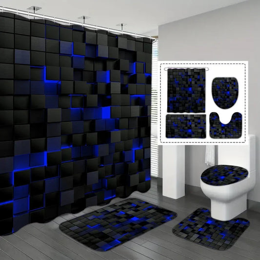 4-Piece Bathroom Mat and Shower Curtain Set in Waterproof Blue and Black