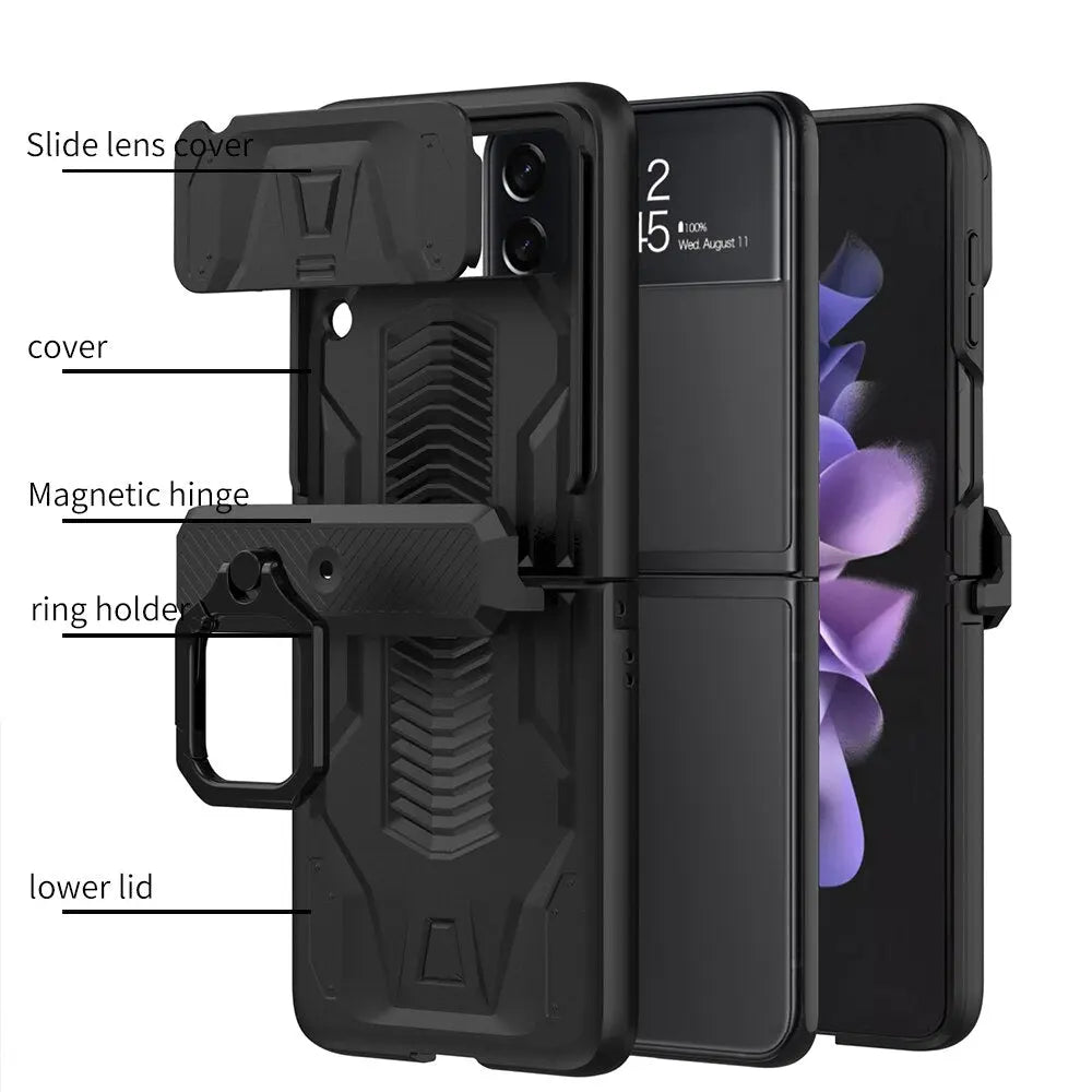 Foldable Phone Protective Cover with Magnetic Kickstand Ring for Samsung Galaxy Z Flip 4 & Z Flip 3 – Dual-Layer Shockproof Design