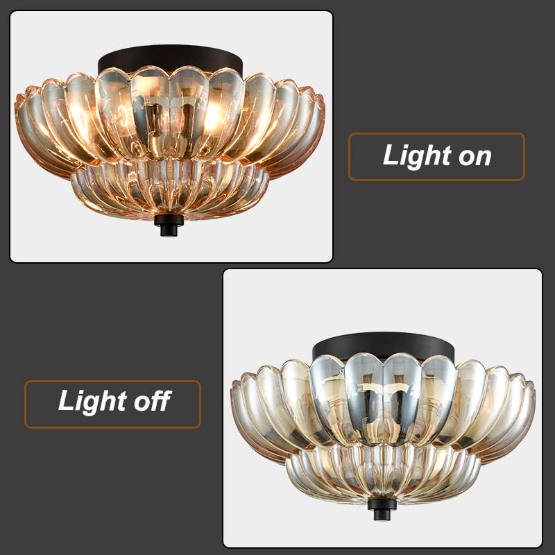 Amber Glass Flush Mount Ceiling Light Vintage Semi-Flush Fixture for Kitchen Bedroom Living Room Dining Room E27 12 in Retro Dome Shade