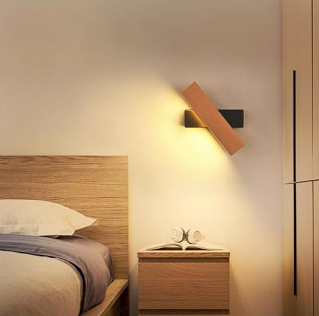 Rotating LED Wall Sconce with Wood Accent – Adjustable Minimalist Light for Bedroom & Living Room