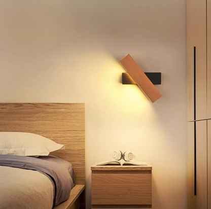 Rotating LED Wall Sconce with Wood Accent – Adjustable Minimalist Light for Bedroom & Living Room
