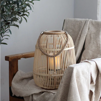 Battery-Operated Woven Lantern with LED Flameless Candle for Patio Gardens Tabletop Hanging Decor Cordless Indoor Outdoor Accent Light