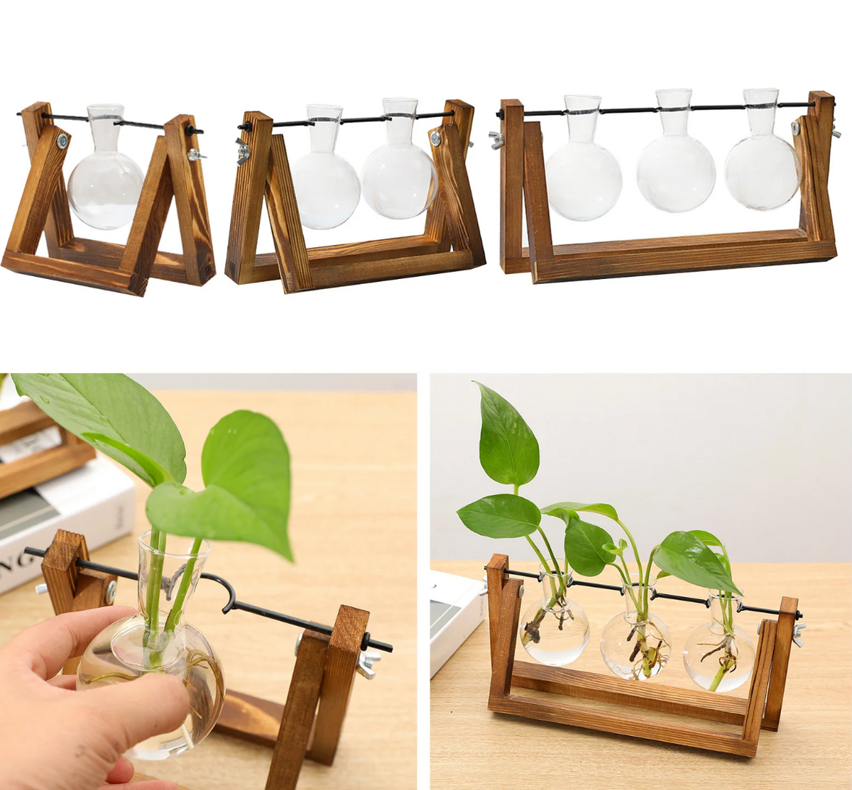 Wooden Desktop Glass Tube Rooting Station for Cuttings & Houseplants — Single, Double & Triple Holder Designs