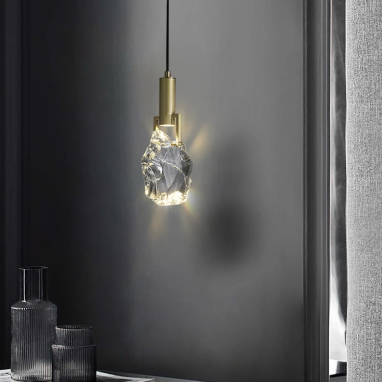 Hanging Fixture with Polished Copper & Faceted Glass Shade for Dining Room, Kitchen Island, Entryway