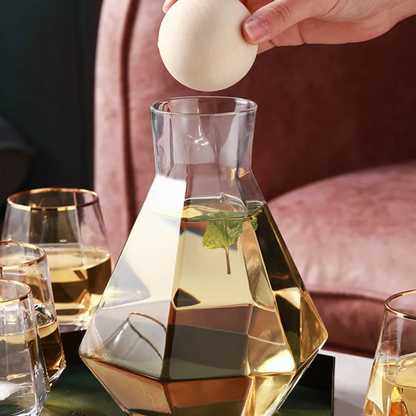 Geometric Glass Pitcher and Tumbler Set for Cocktails, Water & Juice – 5-Piece Beverage Serving Collection with Wooden Stopper