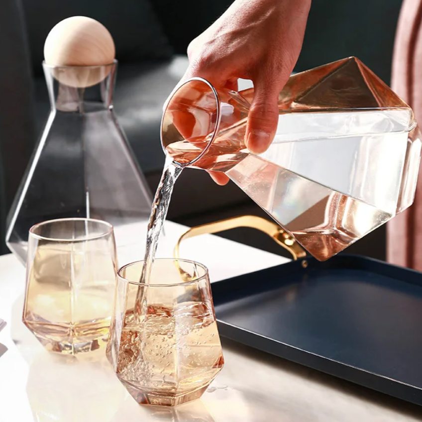 Crystal-Clear Beverage Pitcher & Tumbler Set with Geometric Faceted Design for Home Bar, Kitchen & Dining Room Entertaining
