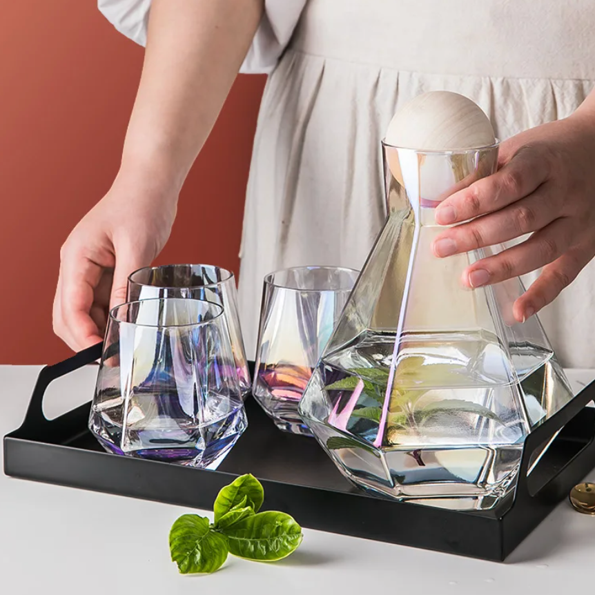 Crystal-Clear Beverage Pitcher & Tumbler Set with Geometric Faceted Design for Home Bar, Kitchen & Dining Room Entertaining