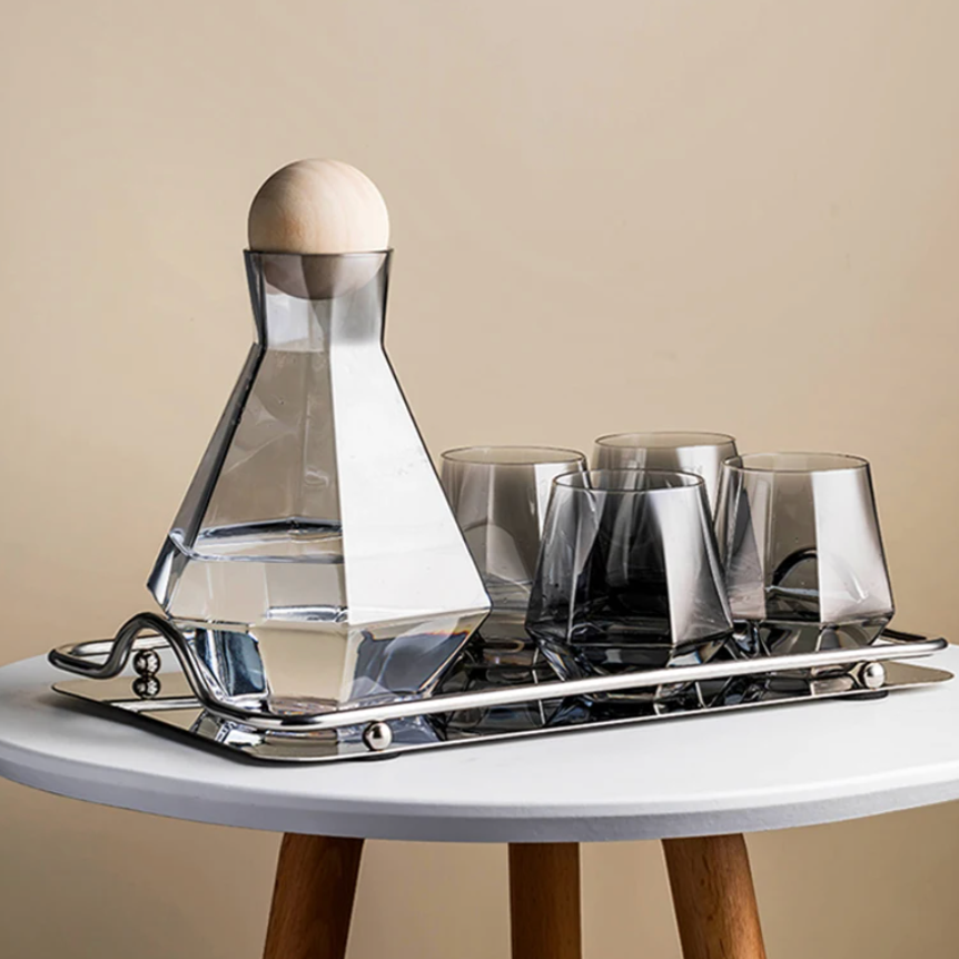 Crystal-Clear Beverage Pitcher & Tumbler Set with Geometric Faceted Design for Home Bar, Kitchen & Dining Room Entertaining