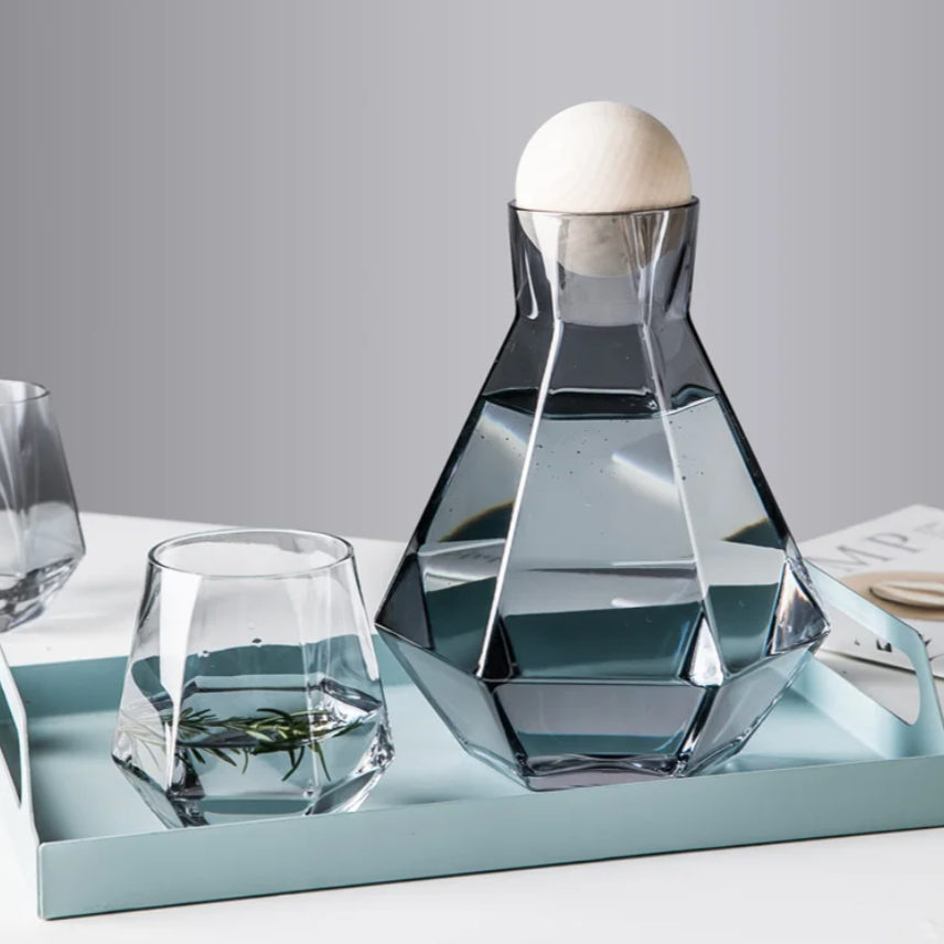 Crystal-Clear Beverage Pitcher & Tumbler Set with Geometric Faceted Design for Home Bar, Kitchen & Dining Room Entertaining