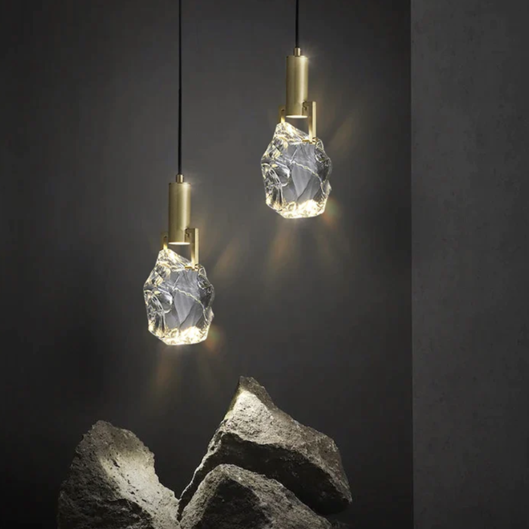 Hanging Fixture with Polished Copper & Faceted Glass Shade for Dining Room, Kitchen Island, Entryway