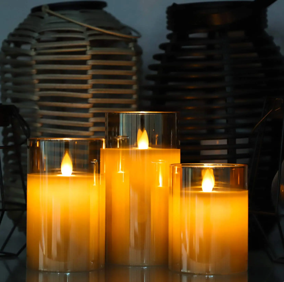Battery-Operated LED Pillar Candles with Remote Control Timer Set of 3 Realistic Flickering Light Amber Smoke Clear Glass for Dining Room Be