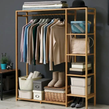 Freestanding Bamboo Garment Rack with Shelves 35 in Wide Natural Wood Finish Bedroom Closet Storage Organizer for Clothes Shoes Accessories