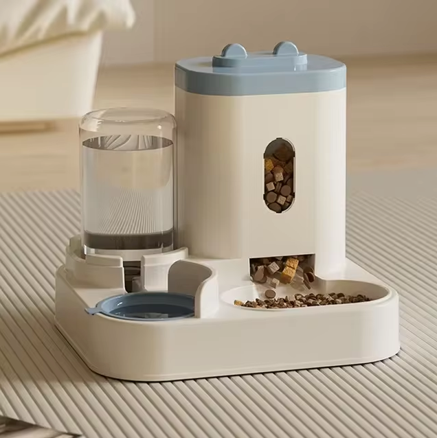 Dual Bowl Pet Feeding Station Gray Blue Pink Yellow 78 oz Food 34 oz Water Gravity Dispenser for Cats Small Dogs Kitchen Utility Room Living