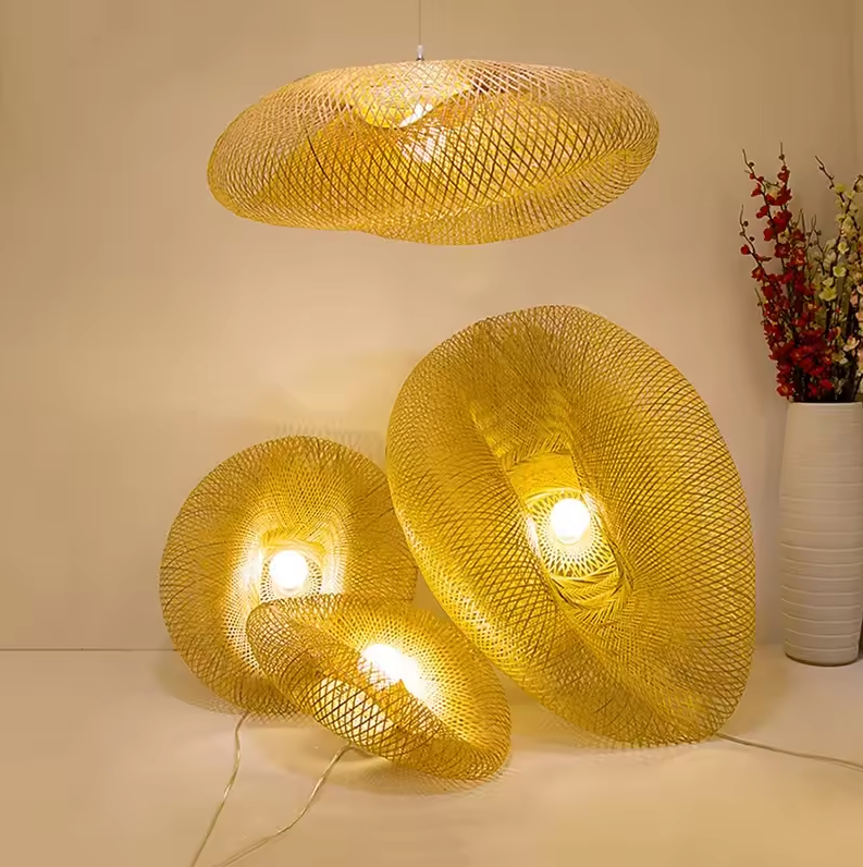 Woven Rattan Dome Ceiling Fixture 31.5-Inch Natural Finish Ambient Overhead Light E27 Socket for Dining Kitchen Island Living Room Scandinav