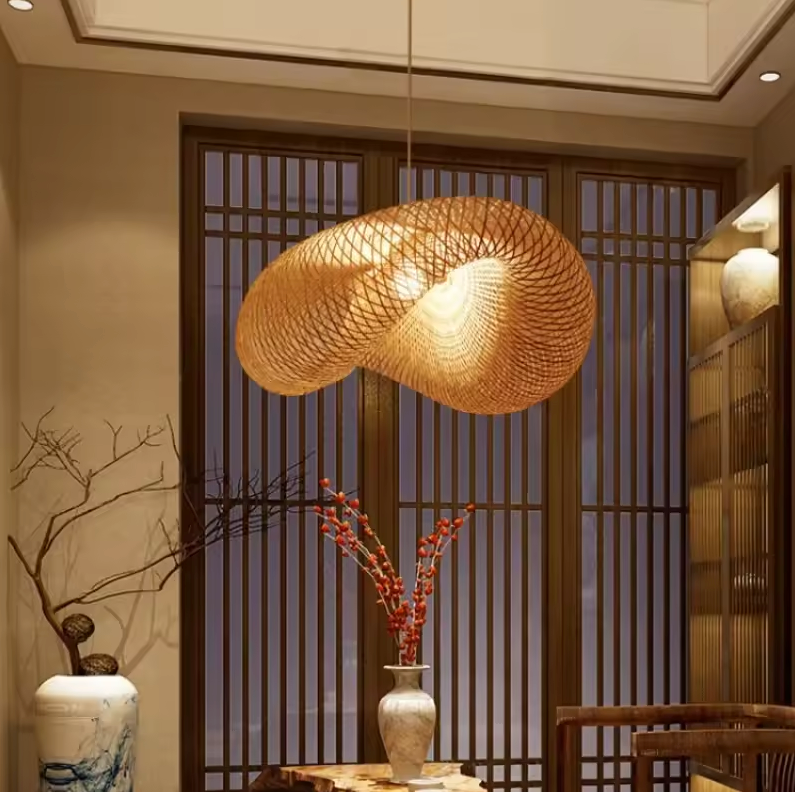 Woven Rattan Dome Ceiling Fixture 31.5-Inch Natural Finish Ambient Overhead Light E27 Socket for Dining Kitchen Island Living Room Scandinav