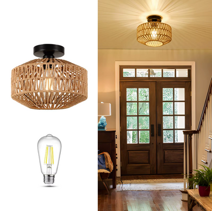 Woven Rattan Hanging Light with E27 Socket in Brown for Kitchen Island & Dining Table | Handcrafted Open-Weave Ceiling Fixture