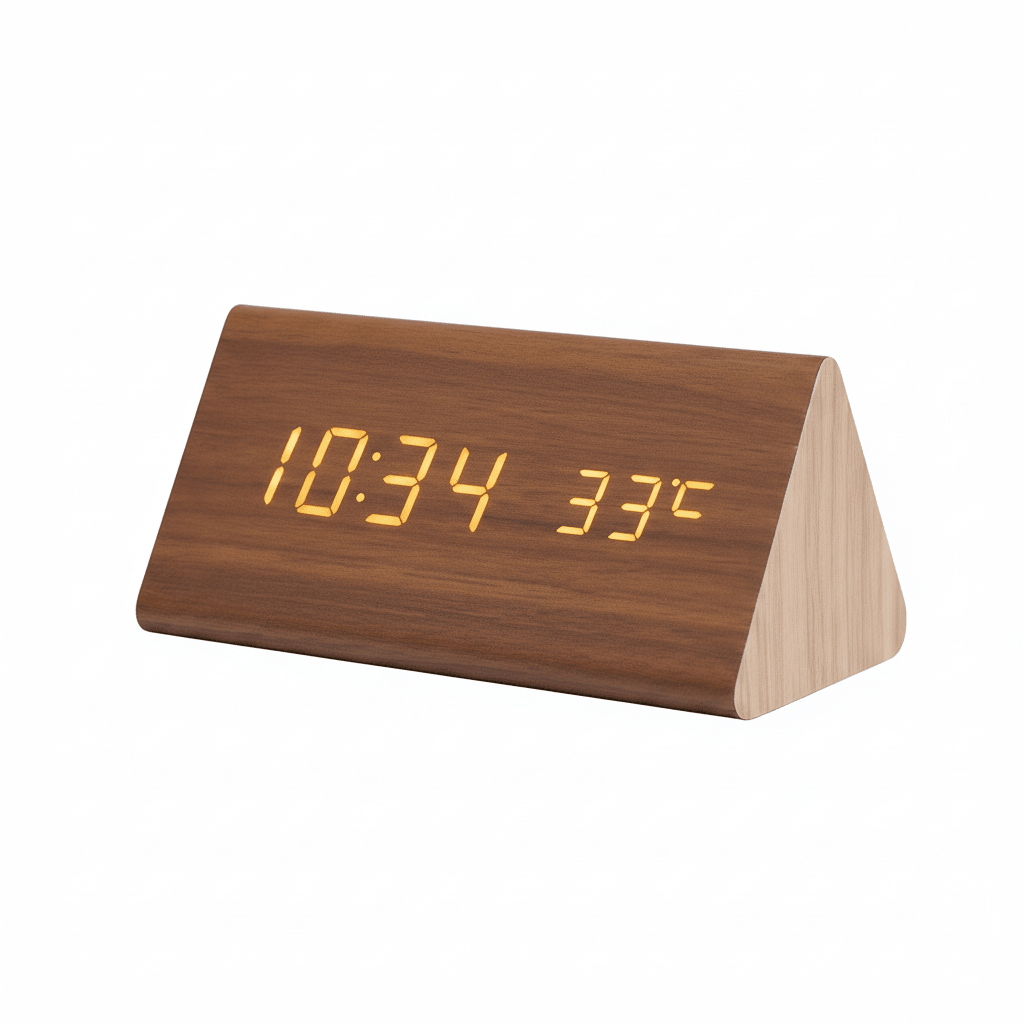 Sound-Activated Digital Alarm Clock with LED Display Wood Finish for Bedroom Office Nightstand Battery or USB Powered Adjustable Brightness