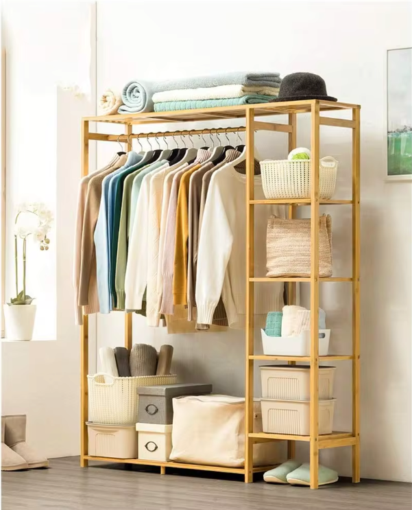 Freestanding Bamboo Garment Rack with Shelves 35 in Wide Natural Wood Finish Bedroom Closet Storage Organizer for Clothes Shoes Accessories