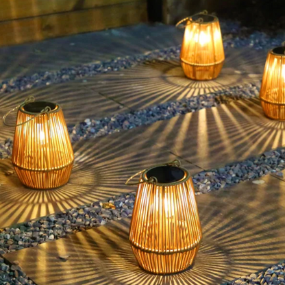 Woven Basket Lantern with Solar LED Light Outdoor Hanging Decor 8 in for Patio Garden Deck Yard Porch Balcony Table Cordless Battery-Free Wa