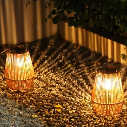 Woven Basket Lantern with Solar LED Light Outdoor Hanging Decor 8 in for Patio Garden Deck Yard Porch Balcony Table Cordless Battery-Free Wa