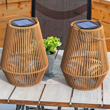 Woven Basket Lantern with Solar LED Light Outdoor Hanging Decor 8 in for Patio Garden Deck Yard Porch Balcony Table Cordless Battery-Free Wa
