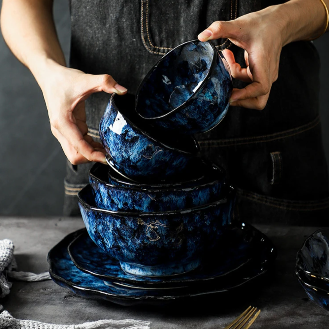 Ceramic Tableware Collection 10-Piece Set with Celestial Blue Pattern for Family Dinners Casual Dining Formal Entertaining Kitchen Essential