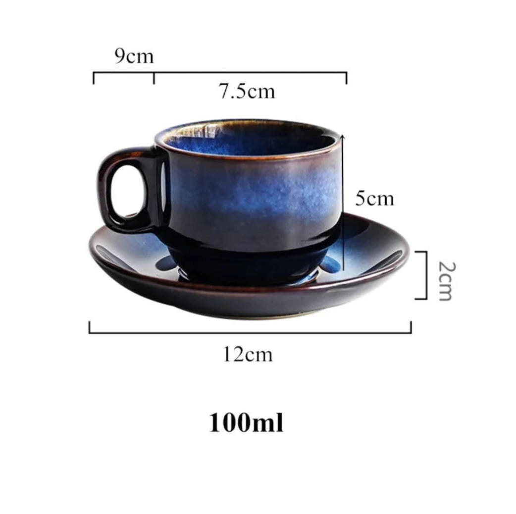 Porcelain Cup and Saucer Set 12 oz Deep Blue Finish for Hot Beverages Home Kitchen Daily Use Coffee Tea Breakfast Serving Dinnerware Drinkwa