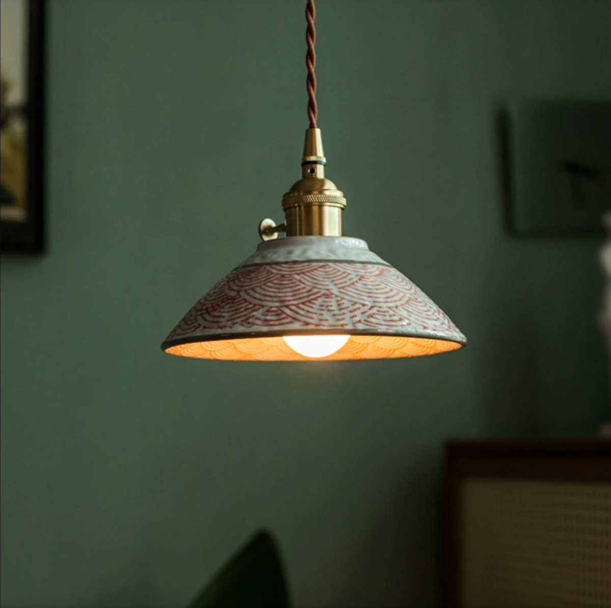 Ceramic Hanging Light Fixture with Unique Floral Designs for Kitchen, Dining Room, Cafe | Artisan Crafted Copper Hardware Pendant Lamp