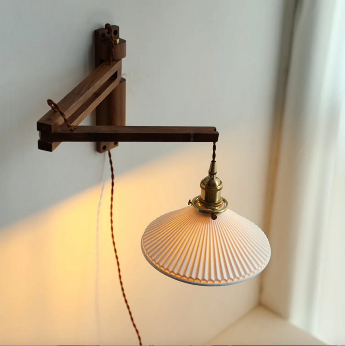 Swing Arm Ceramic Wall Sconce with Wood Bracket and Knob Switch for Bedroom Hallway Reading Nook Vintage Plug-In Lighting