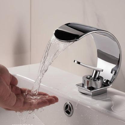 Curved Waterfall Bathroom Sink Faucet with Mirror Finish – Single Handle Hot & Cold Mixer Tap for Modern Vanity & Basin – Polished