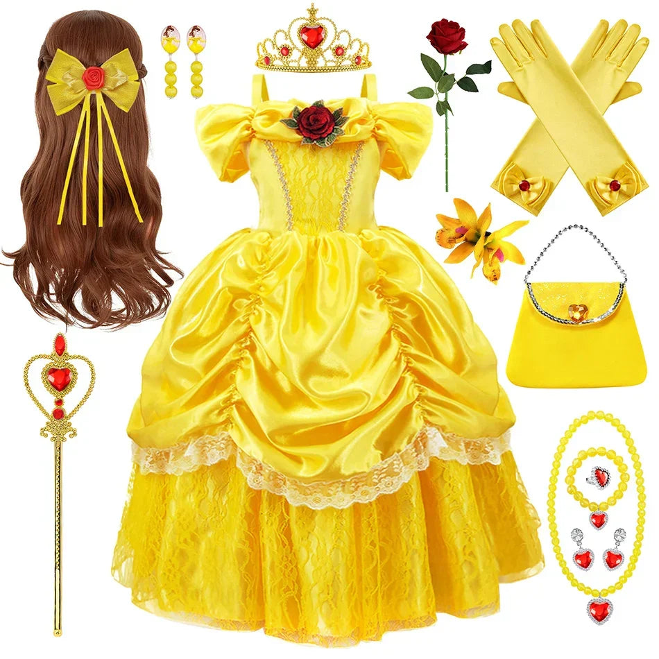 Girls Princess Gown Costume with Tiara and Gloves – Complete Belle-Inspired Dress-Up Set for Birthday Parties, Halloween, Cosplay & Special