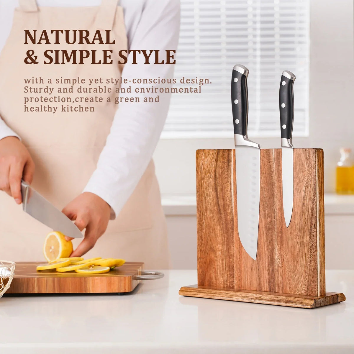 Acacia Wood Knife Organizer with Built-In Magnets for Kitchen Counter Vertical Blade Storage Stand Natural Hardwood Finish No-Drill Setup Sp