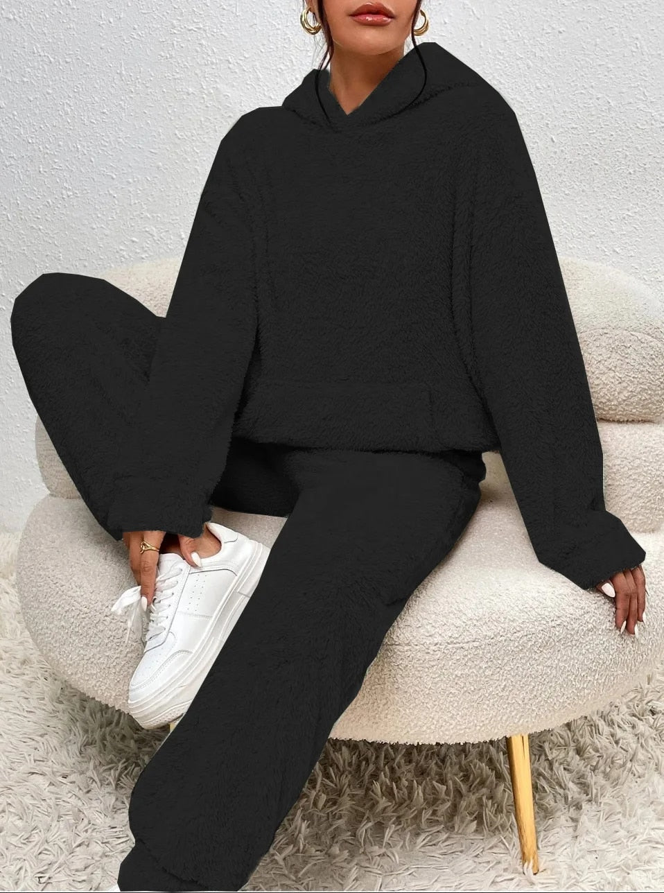 Hooded Teddy Fleece Loungewear Set for Women – Two-Piece Oversized Sweatsuit with Pocket – Cozy Winter Homewear Outfit