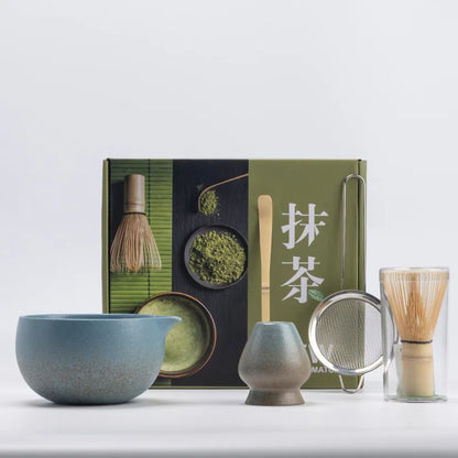 Bamboo Matcha Whisk and Bowl Set 5 Piece, Ceramic Matcha Set with Whisk Holder Scoop and Sifter, Hand Glazed Stoneware Matcha Bowl