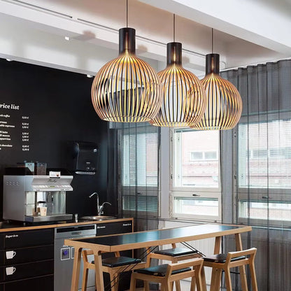 Wooden Sphere Pendant Light with Black Exterior for Dining Room & Living Room Ambiance