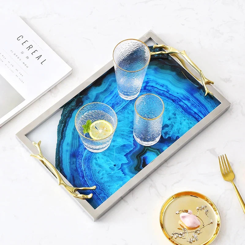 Decorative Serving Platter with Natural Stone Pattern Gold Silver Finish Coffee Table Centerpiece for Living Room Dining
