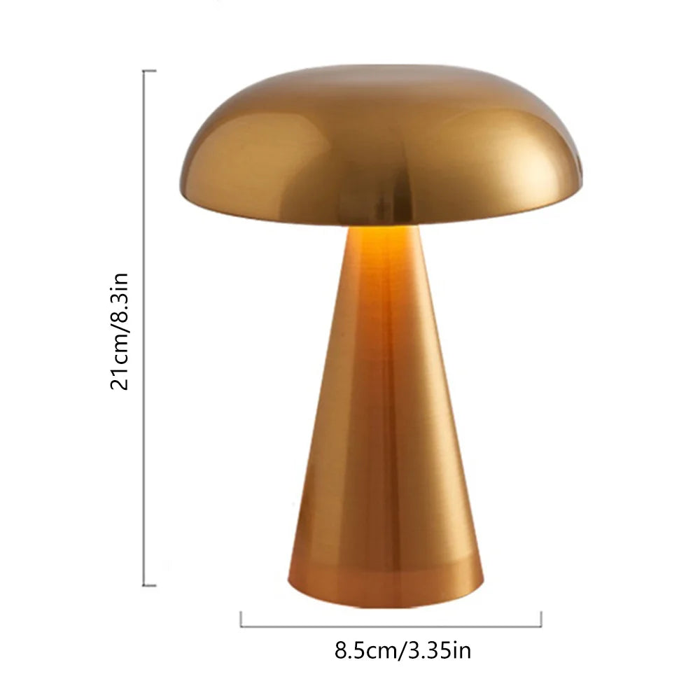 Rechargeable Mushroom LED Desk Lamp with Touch Control – 8 in Cordless Metal Nightlight – 3 Lighting Modes Warm Neutral Cool for Bedroom Off