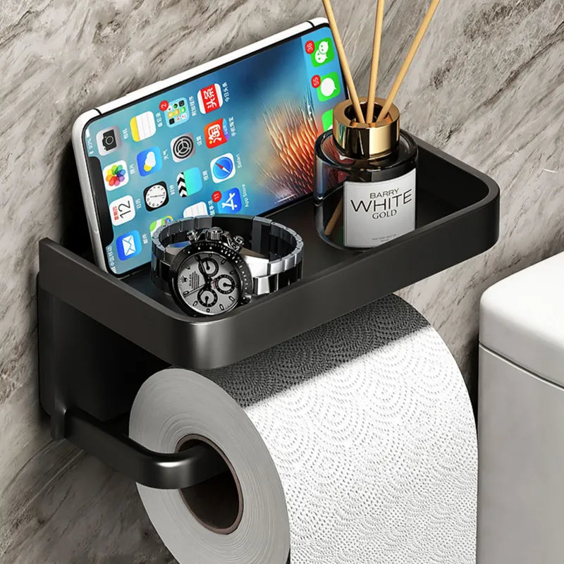 Wall-Mount Bathroom Tissue Holder with Top Shelf for Phone Storage Black Aluminum 7.2 Inch Powder Room Organizer Compact Space-Saving Access