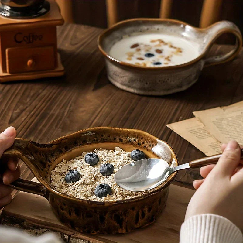 Handled Ceramic Bowl 6 in for Soup Cereal Oatmeal Salad with Grip Kitchen Tableware Stoneware Serving Dish for Breakfast Lunch Dinner