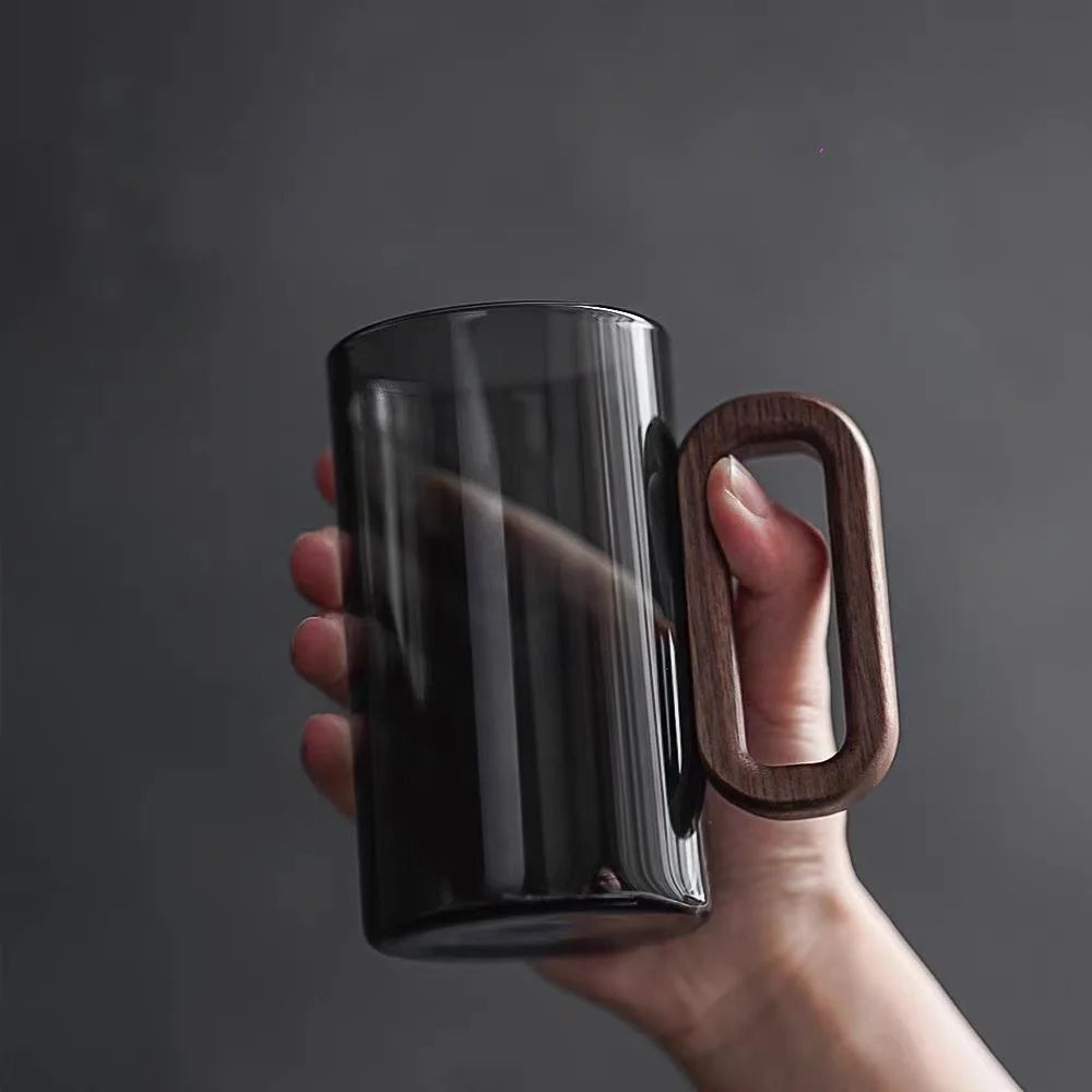 Heat-Resistant Glass Mug with Wooden Handle for Tea Coffee & Juice Minimalist Drinkware with Smooth Contours for Kitchen Dining Room Office