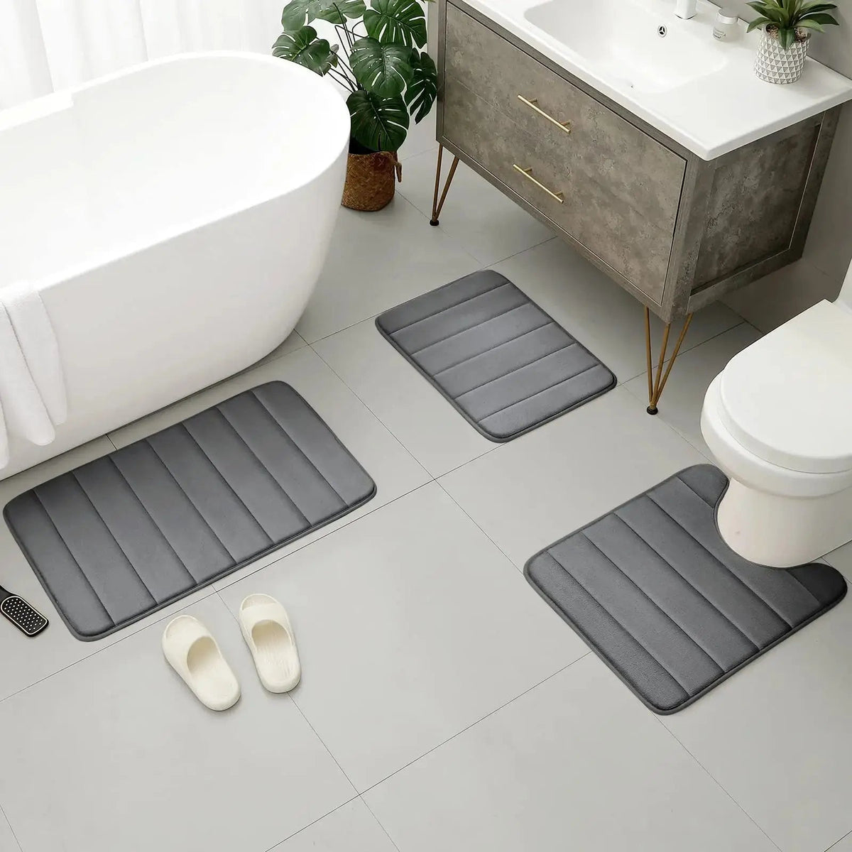 Juego de alfombrillas de baño Ortekor de lujosa espuma viscoelástica de terciopelo con base antideslizante | Diseño absorbente de 3 piezas para una máxima comodidad