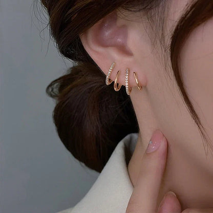 Multi-Hoop Ear Crawler Studs with Cubic Zirconia – Four-Band Layered Earrings for Women – Elegant Stacked Hoop Look Without Extra Piercings