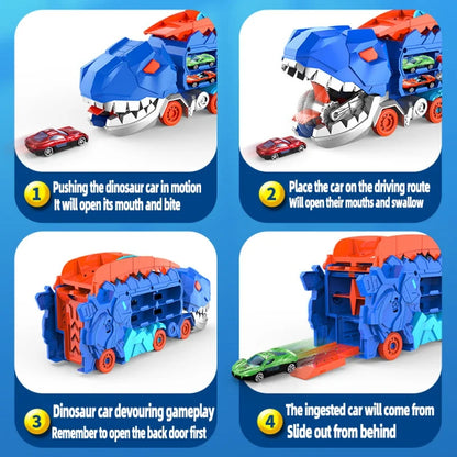 Dinosaur Car Launcher Storage Set with Folding Track ABS Plastic Toy for Kids Ages 3+ Boys Girls Playroom Bedroom Transforming Vehicle Racer