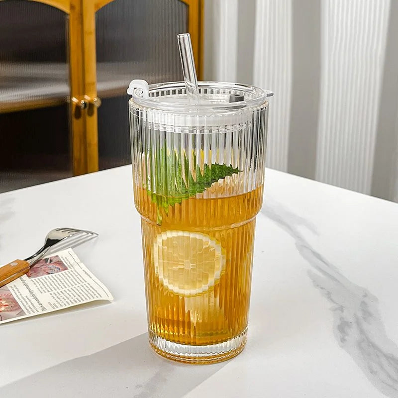 Glass Travel Tumbler with Straw & Lid for Coffee, Tea & Juice - Insulated Borosilicate Cup with Ribbed Design - Reusable Portable Drinkware
