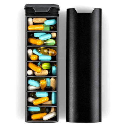 Weekly Pill Organizer with 7 Detachable Compartments Secure Snap-Lid Medicine Storage for Home & Travel Engraved Day Labels Daily Supplement