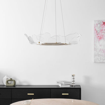 Round Pendant Light with Acrylic Leaf Diffuser 27 in Gold Adjustable Height LED for Kitchen Dining Room Office Bedroom Modern Flush Mount Fi