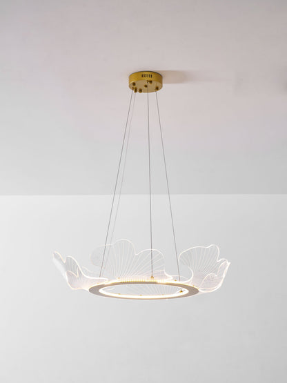 Round Pendant Light with Acrylic Leaf Diffuser 27 in Gold Adjustable Height LED for Kitchen Dining Room Office Bedroom Modern Flush Mount Fi