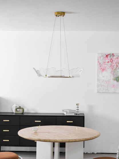 Round Pendant Light with Acrylic Leaf Diffuser 27 in Gold Adjustable Height LED for Kitchen Dining Room Office Bedroom Modern Flush Mount Fi